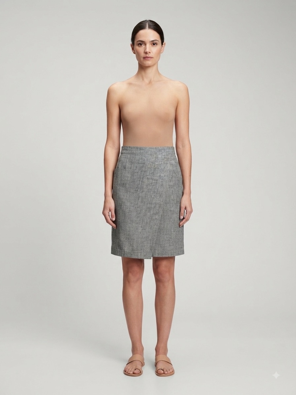 Adrienne Vittadini Collection Gray Linen Wrap Mini Skirt, Size M, 100% Linen